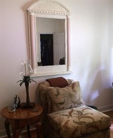 Comfy Chair, Round Side Table, Palm Frond Candle Holder, Wall Mirror
