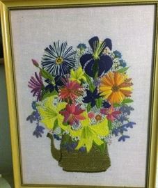 Hand Made Crewel Floral Picture
