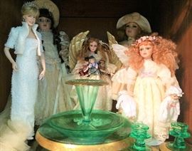 A Few of the Collectible Dolls, Princess Dianna Doll, Green Depression Glassware