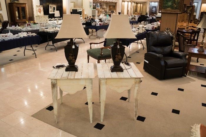 The cream colored tables with lamps are new - high quality - and super cute.  Some of our lamps are like new, others are vintage.