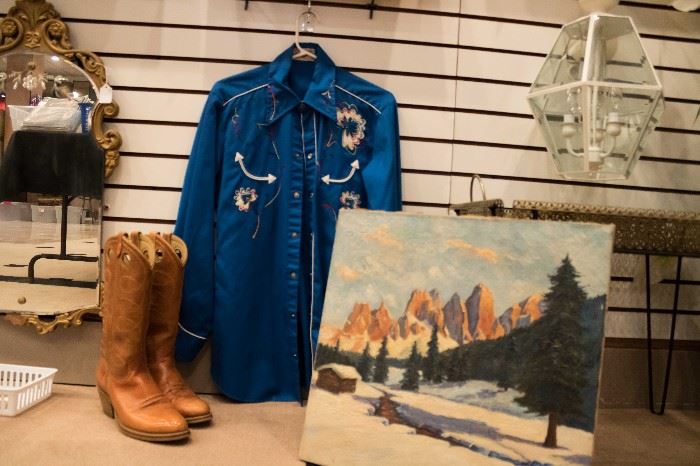 The blue cowboy shirt you see is from 'The Alamo' in Nashville.  We also have men's cowboy boots!