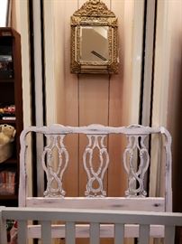 Perfect distressed light pink headboard for a little girl...Also love this vintage mirror!