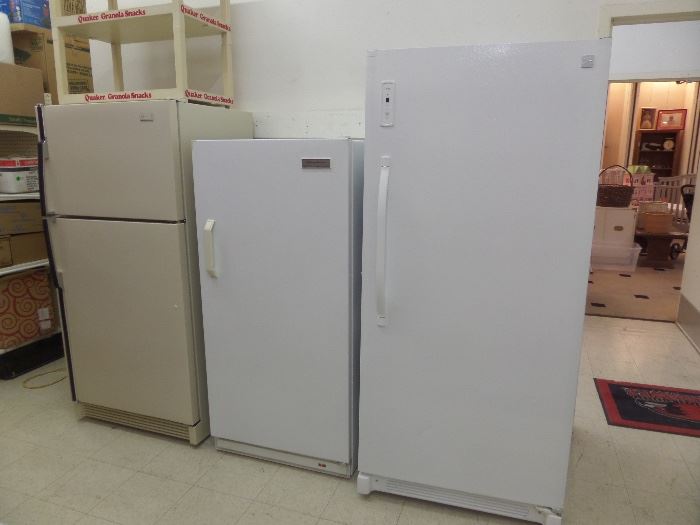 Like new upright freezer on right.  Middle is nice small up right freezer.  Maytag refrigerator on left.  All working great.