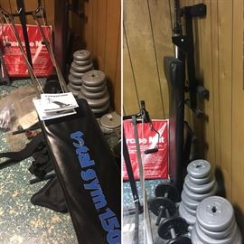 Total Gym 1500, multiple weight benches, weight sets, other exercise equipment including treadmills, vintage exercise bikes, more