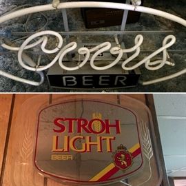 Neon beer signs - ALL WORK! Coors, Stroh Light, and Schlitz 3-dimensional globe (pictured separately); much more collectible barware, some pictured, some not.