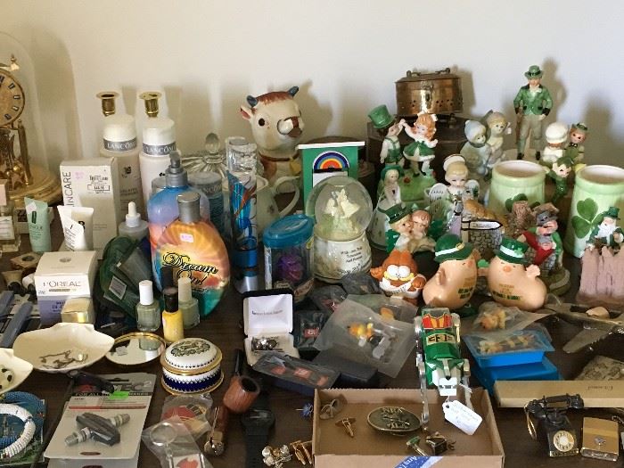 MANY vintage ceramic figurines and collectible music boxes, high-end / luxury brand cosmetic items, misc. vintage collectibles; LOTS of Irish themed items.