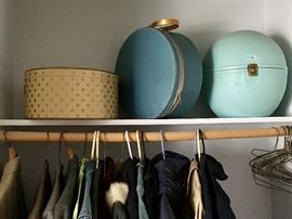 Vintage hat and wig boxes, Variety of mens and women's coats,  jackets, suits and blazers