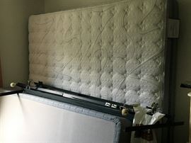 LIKE NEW Serta Perfect Sleeper king size mattress with box springs and metal bed frame. Mattress is almost brand new. Recently purchased and slept in only briefly, with a protective mattress cover from day one. EXCELLENT, clean condition. No stains or sagging.  Very firm. If you have a plush mattress topper this would be a perfect mix of support with cushion. 