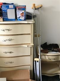 Vintage dresser and night stand. Health supplies - crutches, blood pressure monitors, ankle braces, and more not shown. 
