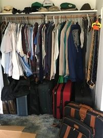 Mens clothing includes jeans, khaki and cargo pants, dress clothes and suits, belts and ties, long sleeve casual and flannel shirts, t-shirts, and a few additional pieces. Several mens hats / caps including more not pictured.  Most mens's clothing size L or XL, pants and jeans 36-38 waist, longer length. Some additional sizes available. LOTS of luggage and bags to choose from, including several not pictured. 