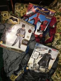 Brand new young boys superhero Halloween costumes - Batman, Spider-Man (3 available). Sizes visible on packaging.