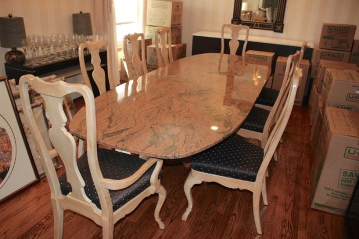 Granite Dining Table with 8 Country French Chairs