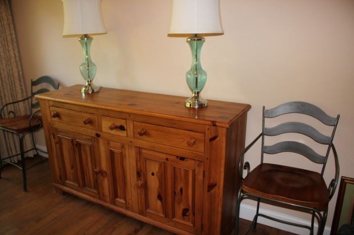 Credenza and Pair of Lamps with Pair of Pub Height Chairs
