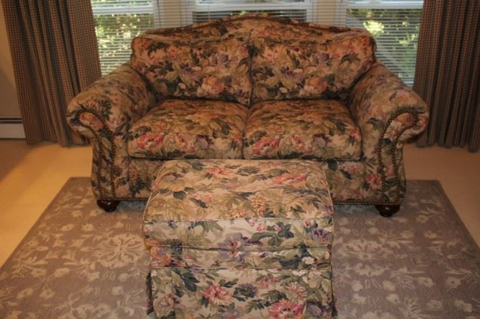 Floral Upholstered Love Seat and Ottoman