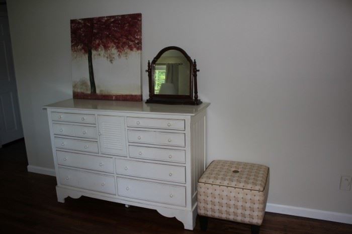 White Dresser and Mirror with Art and Ottoman 
