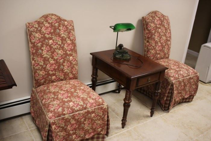 Pair of Covered Chairs and Small Occasional Table with Desk Lamp