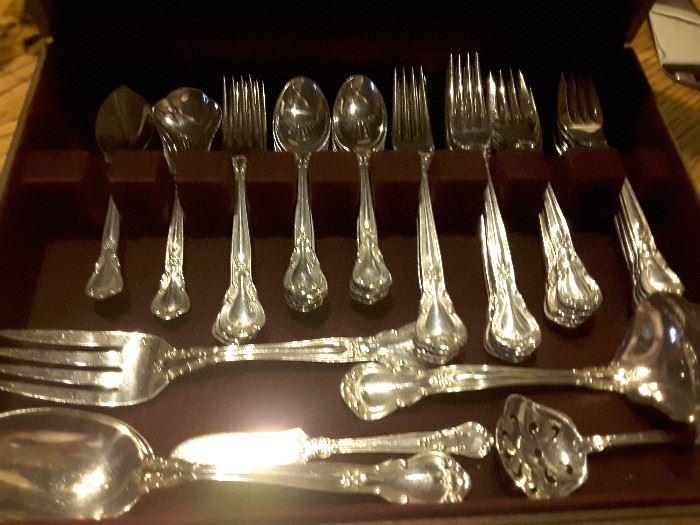 56 total pieces of Chantilly Sterling by Gorham. 12 place settings plus serving pieces.