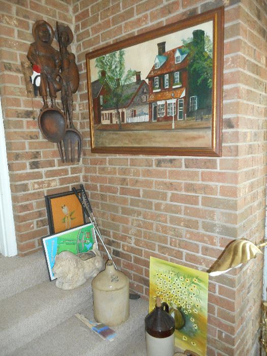 Old Salem Painting; Pottery Jugs; Don Quixote Wall Fork and Spoon