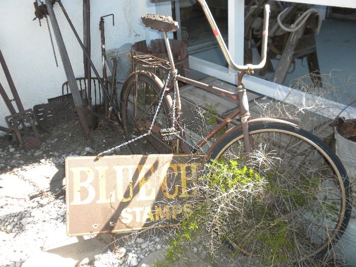 VINTAGE SCHWIN BICYCLE AND BLUE CHIP METAL SIGN