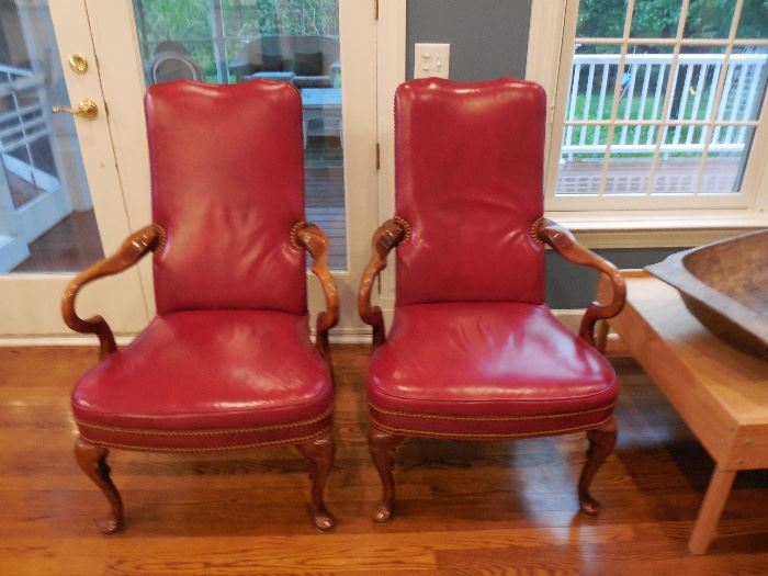 red leather brass tack side chairs