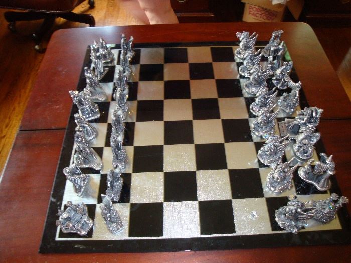 pewter chess set w/glass board