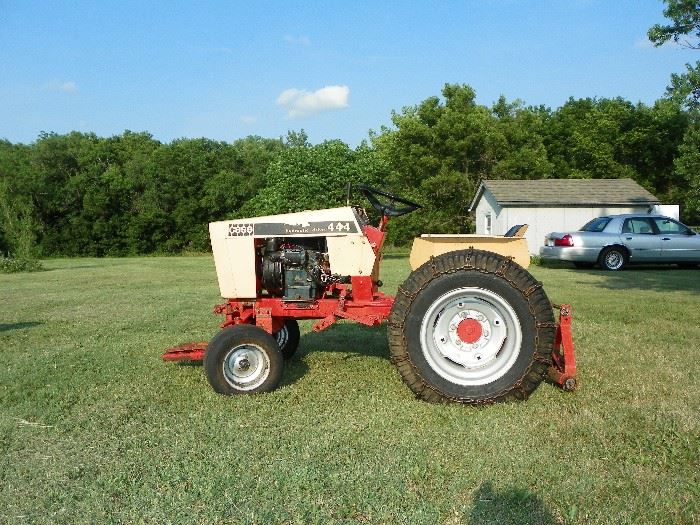 Case #444 compact tractor with Kohler engine, hyd. drive, 3 point, belly mower, tiller and blade.