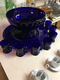 Antique Cobalt Blue punch bowl w/large tray & cups