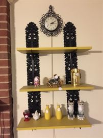 Vintage shelf unit and vintage clock (running) at top
