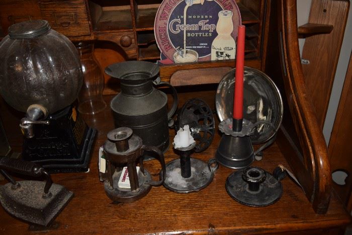 Vintage: candle holders, pitcher, iron, sign