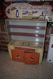 Vintage child's kitchen cabinet and shelf