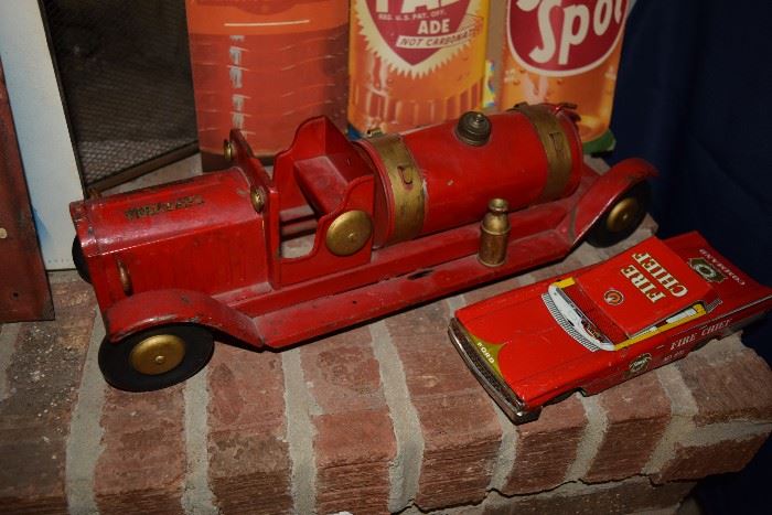 Vintage toy fire engine and car