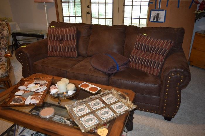 Leather sofa, coffee table, home decor