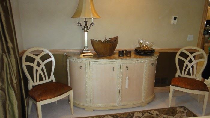 Side Board, half moon cabinet. Century chairs for dining table 