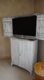 White distressed cabinet, Vizio TV, HD, HDMI