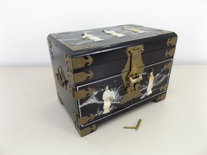 Larger Vintage Black Lacquer Mother of Pearl Asian Treasure Box
