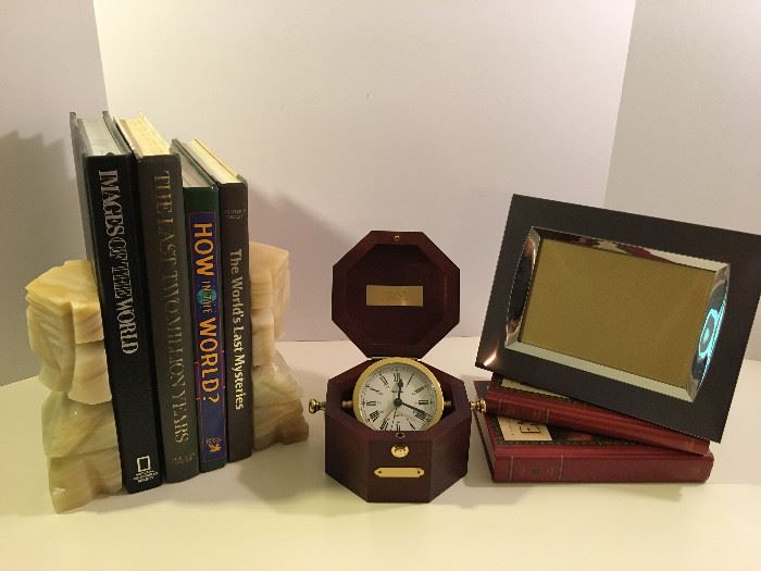 Marble Bookends, Quartz Clock, Picture Frame, Books    https://ctbids.com/#!/description/share/27277