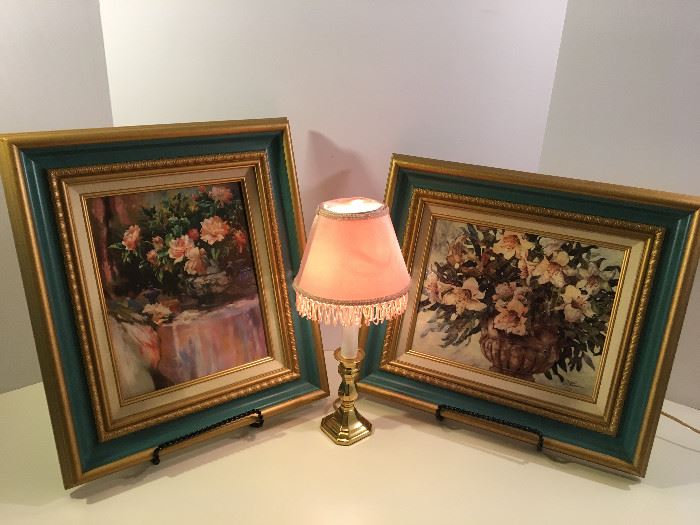 2 Framed Floral Paintings & Miniature Lamp   https://ctbids.com/#!/description/share/27251