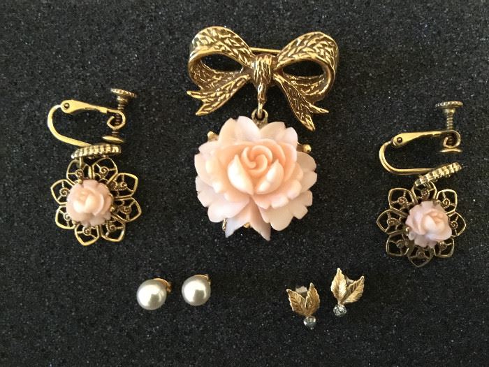 Pearl Earrings, Leaf Earrings, Rose Pin & Earrings      https://ctbids.com/#!/description/share/27111