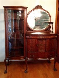 Tiger OAK Victorian Curio Cabinet Buffet Server Side by Side with Mirror. Exquisite!