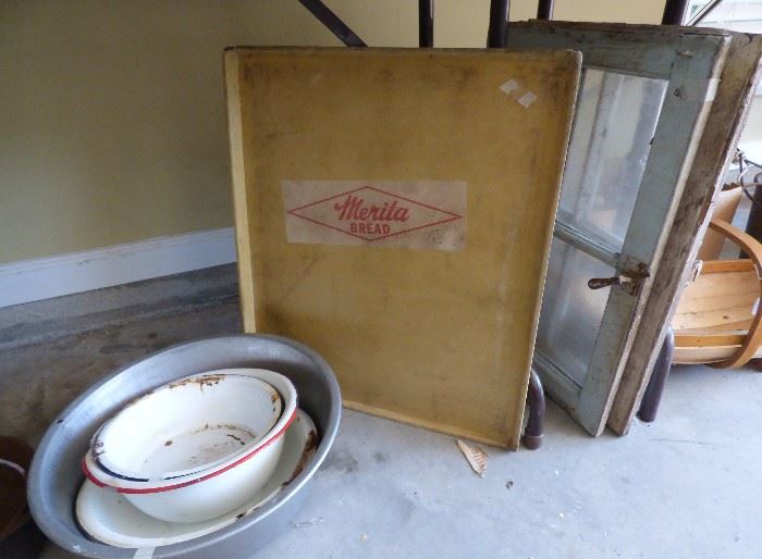 Vintage fiberglass Merita Bread bakery tray, pair of antique wooden windows complete with latches