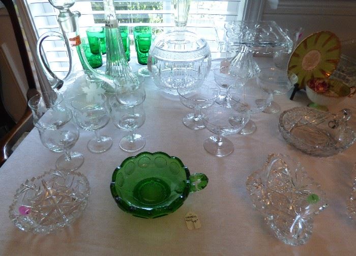 Antique cut glass bowls, Fostoria "Coin" nappy bowl, cut & engraved crystal rose bowl, 