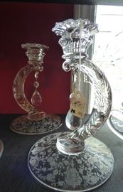 Cambridge "Rose Point" rare and unusual "half moon" with prism candle holders