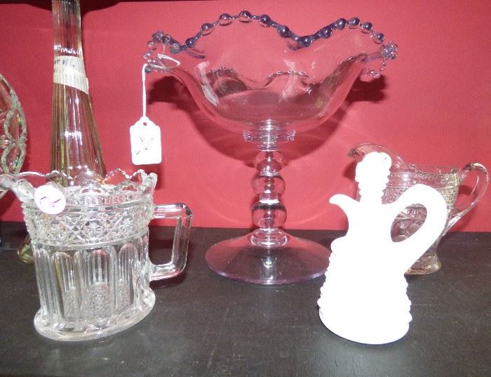 Antique Flint Glass compote, Fenton milk glass hobnail cruet