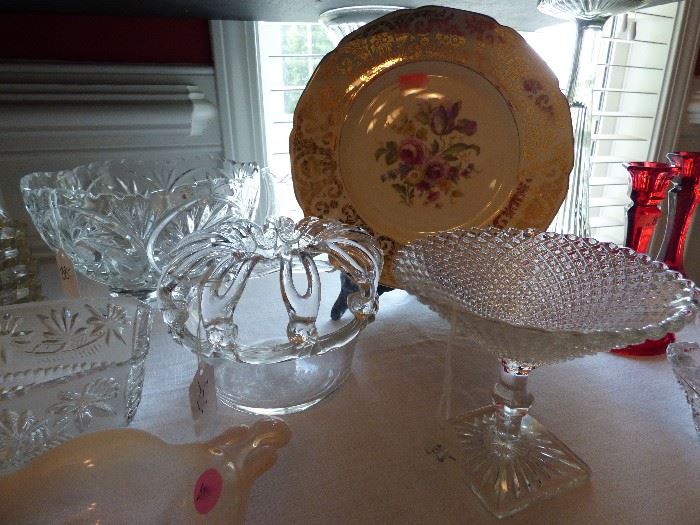 "English Hobnail" compote, RARE crystal crown shaped flower frog