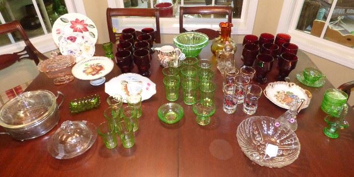 Breakfast room table with Green Depression glass, Ruby Red drinking glasses, Blue Ridge plates, "Pearl & Oyster" bowl, etc