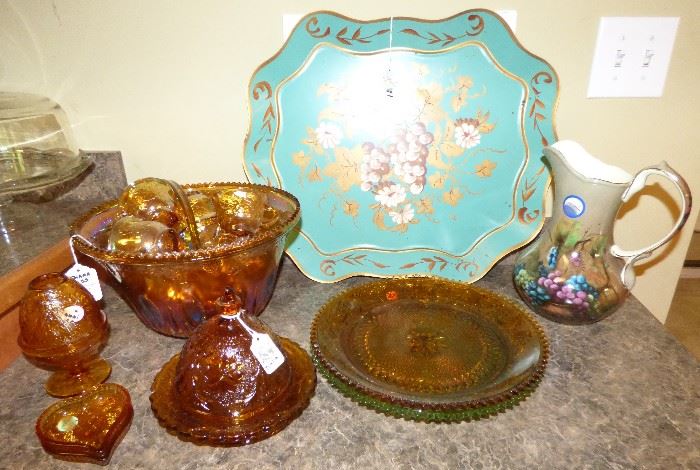Indiana Glass Carnival Glass punch bowl with matching ladle & 12 cups with hooks, Amber Tiara butter dish, egg dish, fairy lamp,  vintage metal hand painted tray