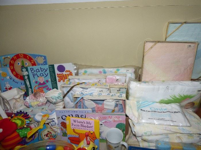 New in package baby items, vintage Children's books