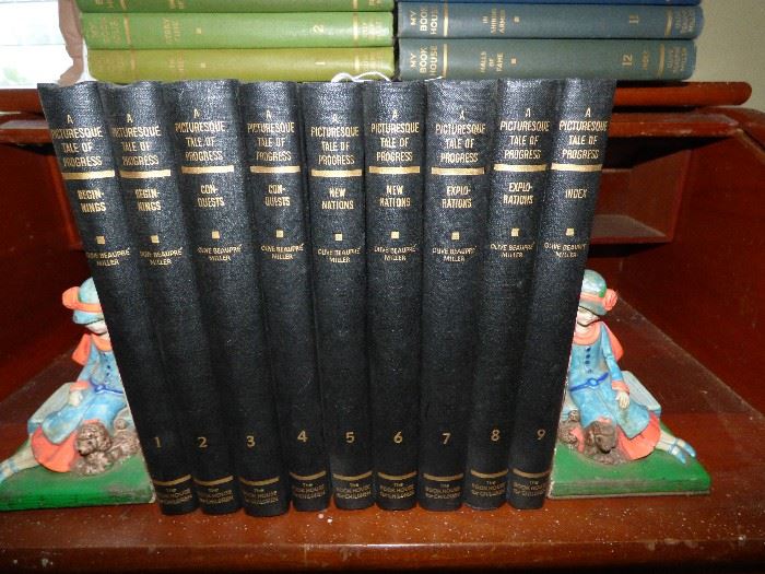 "A Picturesque Tale of Progress" 9 volume set, Vintage  girl with dog book ends