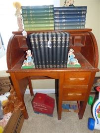 Vintage child's roll top desk, Vintage "My Book House" set (Large set on top of desk has "Little Black Sambo" story 