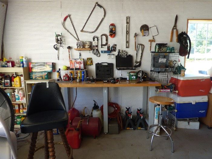 Tools, hardware items, work table, work stool